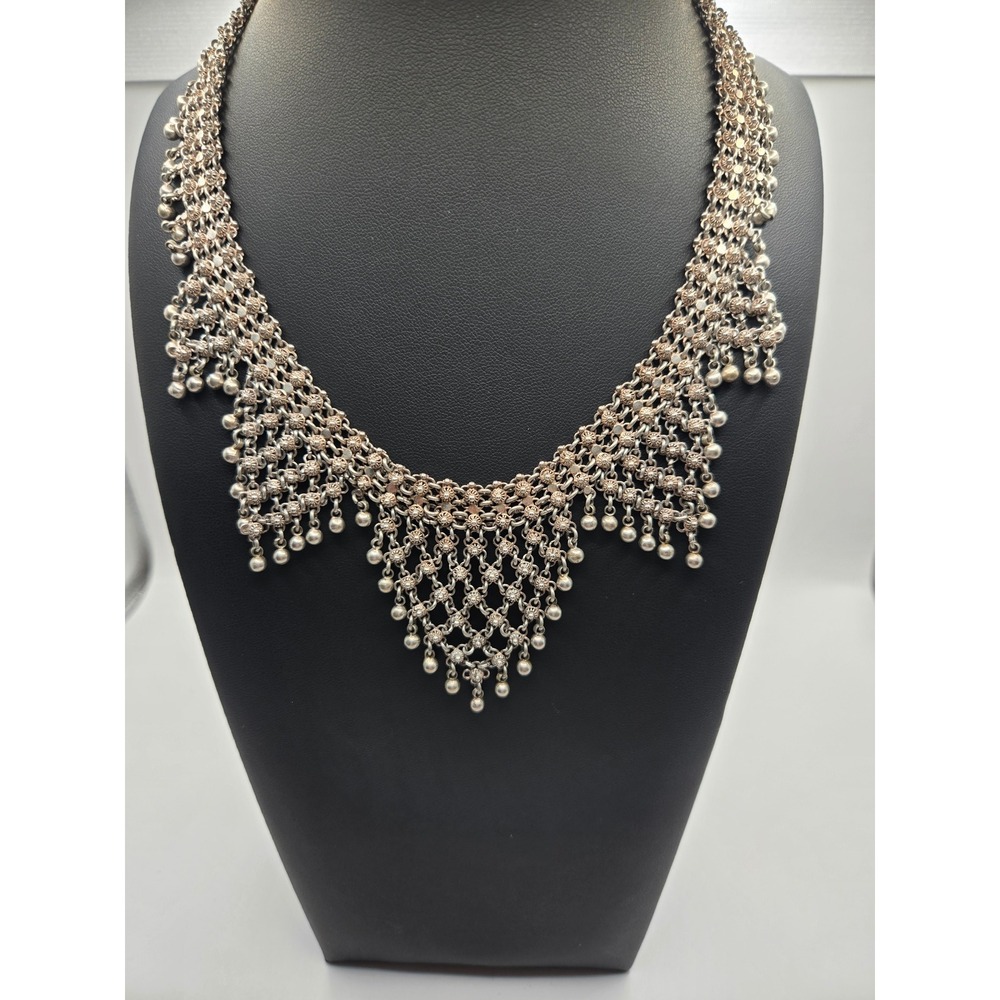 Bohemian Silver Tone Bib Necklace Tribal Mesh Statement Ball Fringe Collar